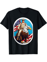 Freedom Flight: Military Member Riding Bald Eagle - USA T-Shirt 180G 100% Cotton Printed Round Neck Short-Sleeve T-Shirt, Gifts for Men Dad Husband Grandpa, S-XXXL, Black
