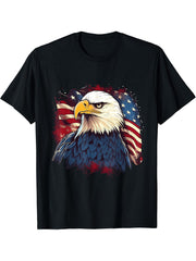 Sea Eagle US Flag Patriotic 4th Of July With Bald Eagle T-Shirt 180G 100% Cotton Printed Round Neck Short-Sleeve T-Shirt, Gifts for Men Dad Husband Grandpa, S-XXXL, Black