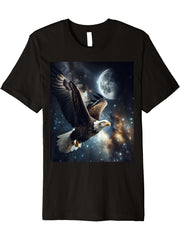 Space Bald Eagle With Moon Premium T-Shirt 180G 100% Cotton Printed Round Neck Short-Sleeve T-Shirt, Gifts for Men Dad Husband Grandpa, S-XXXL, Black
