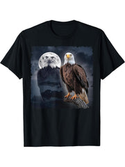 American Nature Bald Eagle Moon Sketch Wildlife T-Shirt 180G 100% Cotton Printed Round Neck Short-Sleeve T-Shirt, Gifts for Men Dad Husband Grandpa, S-XXXL, Black