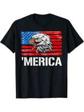 Merica Bald Eagle Patriotic July 4th Veteran American Flag T-Shirt 180G 100% Cotton Printed Round Neck Short-Sleeve T-Shirt, Gifts for Men Dad Husband Grandpa, S-XXXL, Black