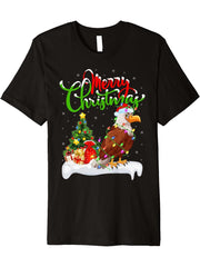 Bald Eagle Bird Lover Xmas Lighting Bald Eagle Christmas Premium T-Shirt 180G 100% Cotton Printed Round Neck Short-Sleeve T-Shirt, Gifts for Men Dad Husband Grandpa, S-XXXL, Black