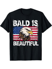 Bald Is Beautiful 4th of July Independence Day Bald Eagle T-Shirt 180G 100% Cotton Printed Round Neck Short-Sleeve T-Shirt, Gifts for Men Dad Husband Grandpa, S-XXXL, Black