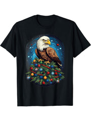 Xmas Bald Eagle Pile Up Christmas Tree T-Shirt 180G 100% Cotton Printed Round Neck Short-Sleeve T-Shirt, Gifts for Men Dad Husband Grandpa, S-XXXL, Black