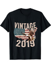 Vintage 2019 Bald Eagle American Flag Country T-Shirt 180G 100% Cotton Printed Round Neck Short-Sleeve T-Shirt, Gifts for Men Dad Husband Grandpa, S-XXXL, Black
