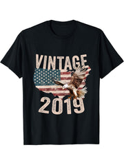 Vintage 2019 Bald Eagle American Flag Country T-Shirt 180G 100% Cotton Printed Round Neck Short-Sleeve T-Shirt, Gifts for Men Dad Husband Grandpa, S-XXXL, Black
