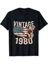 Vintage 1980 Bald Eagle American Flag Country T-Shirt 180G 100% Cotton Printed Round Neck Short-Sleeve T-Shirt, Gifts for Men Dad Husband Grandpa, S-XXXL, Black