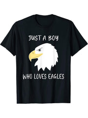 Bald Eagle Just a Boy Who Loves Eagles T-Shirt 180G 100% Cotton Printed Round Neck Short-Sleeve T-Shirt, Gifts for Men Dad Husband Grandpa, S-XXXL, Black