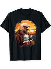 Outdoors Bald Eagle Reading Book T-Shirt 180G 100% Cotton Printed Round Neck Short-Sleeve T-Shirt, Gifts for Men Dad Husband Grandpa, S-XXXL, Black