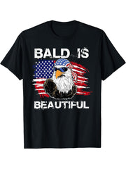 4th Of July Bald Is Beautiful Eagle Patriotic USA Flag T-Shirt 180G 100% Cotton Printed Round Neck Short-Sleeve T-Shirt, Gifts for Men Dad Husband Grandpa, S-XXXL, Black