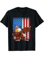 Dabbing American Bald Eagle 4th Of July Boys Boy Girl USA Flag T-Shirt 180G 100% Cotton Printed Round Neck Short-Sleeve T-Shirt, Gifts for Men Dad Husband Grandpa, S-XXXL, Black