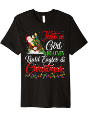 Funny Just A Girl Who Loves Bald Eagle And Christmas Premium T-Shirt 180G 100% Cotton Printed Round Neck Short-Sleeve T-Shirt, Gifts for Men Dad Husband Grandpa, S-XXXL, Black
