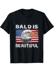 Bald Is Beautiful 4th of July Independence Day Bald Eagle T-Shirt 180G 100% Cotton Printed Round Neck Short-Sleeve T-Shirt, Gifts for Men Dad Husband Grandpa, S-XXXL, Black