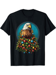 Xmas Bald Eagle Pile Up Christmas Tree T-Shirt 180G 100% Cotton Printed Round Neck Short-Sleeve T-Shirt, Gifts for Men Dad Husband Grandpa, S-XXXL, Black