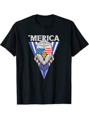 Bald Eagle 4th Of July Tee American Flag Patriotic T-Shirt 180G 100% Cotton Printed Round Neck Short-Sleeve T-Shirt, Gifts for Men Dad Husband Grandpa, S-XXXL, Black