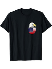 US Patriot American flag Bald Eagle Left Pocket Badge T-Shirt 180G 100% Cotton Printed Round Neck Short-Sleeve T-Shirt, Gifts for Men Dad Husband Grandpa, S-XXXL, Black