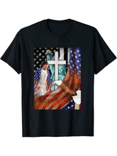 Bald Eagle with Jesus Christ and American Flag T-Shirt 180G 100% Cotton Printed Round Neck Short-Sleeve T-Shirt, Gifts for Men Dad Husband Grandpa, S-XXXL, Black