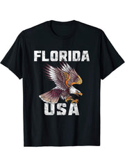 Retro Distressed Florida USA Bald Eagle Gift T-Shirt 180G 100% Cotton Printed Round Neck Short-Sleeve T-Shirt, Gifts for Men Dad Husband Grandpa, S-XXXL, Black