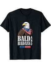 4th of July Men Bald and Badass Bald Eagle American flag T-Shirt 180G 100% Cotton Printed Round Neck Short-Sleeve T-Shirt, Gifts for Men Dad Husband Grandpa, S-XXXL, Black