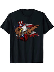 American Flag Muscular Bald Eagle Bike Flexing Uncle Sam T-Shirt 180G 100% Cotton Printed Round Neck Short-Sleeve T-Shirt, Gifts for Men Dad Husband Grandpa, S-XXXL, Black