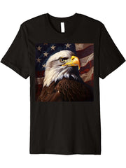 Cool Bald Eagle Patriotic USA Flag Portrait Premium T-Shirt 180G 100% Cotton Printed Round Neck Short-Sleeve T-Shirt, Gifts for Men Dad Husband Grandpa, S-XXXL, Black