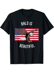 Funny Bald is Beautiful USA Bald Eagle T-Shirt 180G 100% Cotton Printed Round Neck Short-Sleeve T-Shirt, Gifts for Men Dad Husband Grandpa, S-XXXL, Black