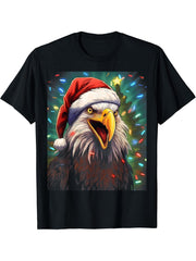Xmas Bald Eagle Tangled Christmas Lights T-Shirt 180G 100% Cotton Printed Round Neck Short-Sleeve T-Shirt, Gifts for Men Dad Husband Grandpa, S-XXXL, Black