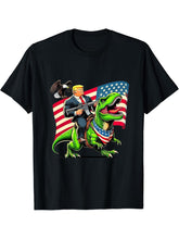 Bald Eagle US Flag Trump Riding A T-Rex T-Shirt 180G 100% Cotton Printed Round Neck Short-Sleeve T-Shirt, Gifts for Men Dad Husband Grandpa, S-XXXL, Black