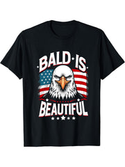 Bald Is Beautiful 4th of July Bald Eagle Independence Day T-Shirt 180G 100% Cotton Printed Round Neck Short-Sleeve T-Shirt, Gifts for Men Dad Husband Grandpa, S-XXXL, Black