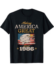 Making America Great Since 1986 American Bald Eagle T-Shirt 180G 100% Cotton Printed Round Neck Short-Sleeve T-Shirt, Gifts for Men Dad Husband Grandpa, S-XXXL, Black