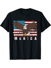 Merica USA Flag Pride Proud American Patriot Bald Eagle T-Shirt 180G 100% Cotton Printed Round Neck Short-Sleeve T-Shirt, Gifts for Men Dad Husband Grandpa, S-XXXL, Black
