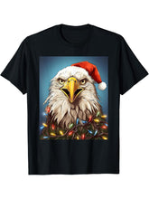 Xmas Bald Eagle Tangled Christmas Lights T-Shirt 180G 100% Cotton Printed Round Neck Short-Sleeve T-Shirt, Gifts for Men Dad Husband Grandpa, S-XXXL, Black