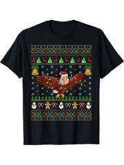 Eagle Bird Lover Lighting Santa Bald Eagle Ugly Christmas T-Shirt 180G 100% Cotton Printed Round Neck Short-Sleeve T-Shirt, Gifts for Men Dad Husband Grandpa, S-XXXL, Black