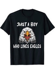 Just a Boy Who Loves Eagles American Bald Eagle T-Shirt 180G 100% Cotton Printed Round Neck Short-Sleeve T-Shirt, Gifts for Men Dad Husband Grandpa, S-XXXL, Black