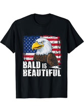 Bald Is Beautiful 4th of July Bald Eagle Independence Day T-Shirt 180G 100% Cotton Printed Round Neck Short-Sleeve T-Shirt, Gifts for Men Dad Husband Grandpa, S-XXXL, Black