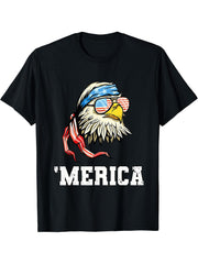 4Th Of July Merica Patriotic Veterans Usa Flag Bald Eagle T-Shirt 180G 100% Cotton Printed Round Neck Short-Sleeve T-Shirt, Gifts for Men Dad Husband Grandpa, S-XXXL, Black