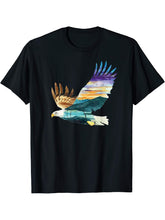 Flying Bald Eagle Mountain Sky Scenary Silhouette T-Shirt 180G 100% Cotton Printed Round Neck Short-Sleeve T-Shirt, Gifts for Men Dad Husband Grandpa, S-XXXL, Black