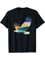 Flying Bald Eagle Mountain Sky Scenary Silhouette T-Shirt 180G 100% Cotton Printed Round Neck Short-Sleeve T-Shirt, Gifts for Men Dad Husband Grandpa, S-XXXL, Black