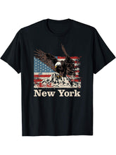 American Bald Eagle Flag New York Souvenir T-Shirt 180G 100% Cotton Printed Round Neck Short-Sleeve T-Shirt, Gifts for Men Dad Husband Grandpa, S-XXXL, Black