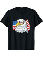Bald Eagle with USA Glasses - Patriotic America 4th July T-Shirt 180G 100% Cotton Printed Round Neck Short-Sleeve T-Shirt, Gifts for Men Dad Husband Grandpa, S-XXXL, Black