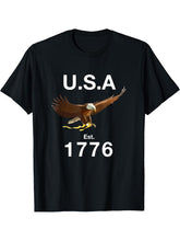 USA Established 1776 America Soaring Bald Eagle T-Shirt 180G 100% Cotton Printed Round Neck Short-Sleeve T-Shirt, Gifts for Men Dad Husband Grandpa, S-XXXL, Black