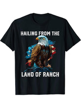 Hailing From The Land Of Ranch American Bald Eagle USA Flag T-Shirt 180G 100% Cotton Printed Round Neck Short-Sleeve T-Shirt, Gifts for Men Dad Husband Grandpa, S-XXXL, Black