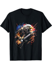 Bald Eagle Playing Guitar T-Shirt 180G 100% Cotton Printed Round Neck Short-Sleeve T-Shirt, Gifts for Men Dad Husband Grandpa, S-XXXL, Black