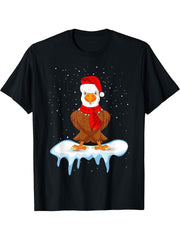 Funny Bald eagle Christmas Santa Hat Snow Design, Bald eagle T-Shirt 180G 100% Cotton Printed Round Neck Short-Sleeve T-Shirt, Gifts for Men Dad Husband Grandpa, S-XXXL, Black