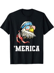 4Th Of July Merica Usa Flag Bald Eagle Patriotic Veteran T-Shirt 180G 100% Cotton Printed Round Neck Short-Sleeve T-Shirt, Gifts for Men Dad Husband Grandpa, S-XXXL, Black