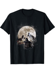 Three Wolves Howling at the Moon - Wolf Lover T-Shirt 180G 100% Cotton Printed Round Neck Short-Sleeve T-Shirt, Gifts for Men Dad Husband Grandpa, S-XXXL, Black