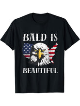 Bald Is Beautiful Independence Day with a Bald Eagle Tee T-Shirt 180G 100% Cotton Printed Round Neck Short-Sleeve T-Shirt, Gifts for Men Dad Husband Grandpa, S-XXXL, Black