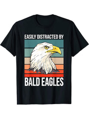 Retro Bald Eagle Quote Easily Distracted By Bald Eagles T-Shirt 180G 100% Cotton Printed Round Neck Short-Sleeve T-Shirt, Gifts for Men Dad Husband Grandpa, S-XXXL, Black