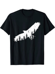 Silhouette Flying American Bald Eagle Pine Trees Moon T-Shirt 180G 100% Cotton Printed Round Neck Short-Sleeve T-Shirt, Gifts for Men Dad Husband Grandpa, S-XXXL, Black