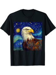 Surreal Starry Night Bald Eagle T-Shirt 180G 100% Cotton Printed Round Neck Short-Sleeve T-Shirt, Gifts for Men Dad Husband Grandpa, S-XXXL, Black